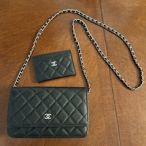 Black Quilted Leather Crossbody Bag and Card Holder